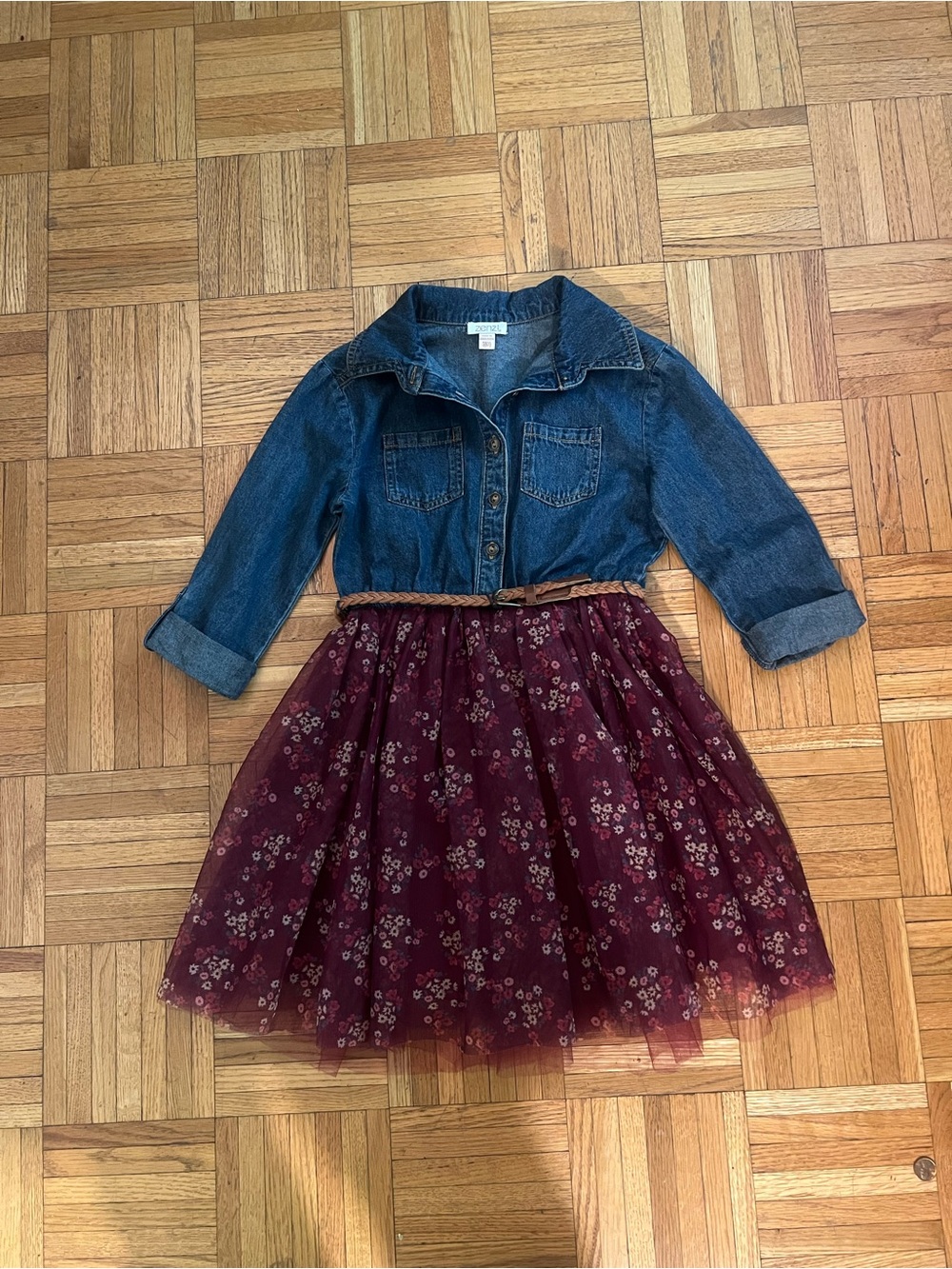 Zenzii Denim Top in Dark Blue Floral Tulle Skirt and braided belt kids 6/7